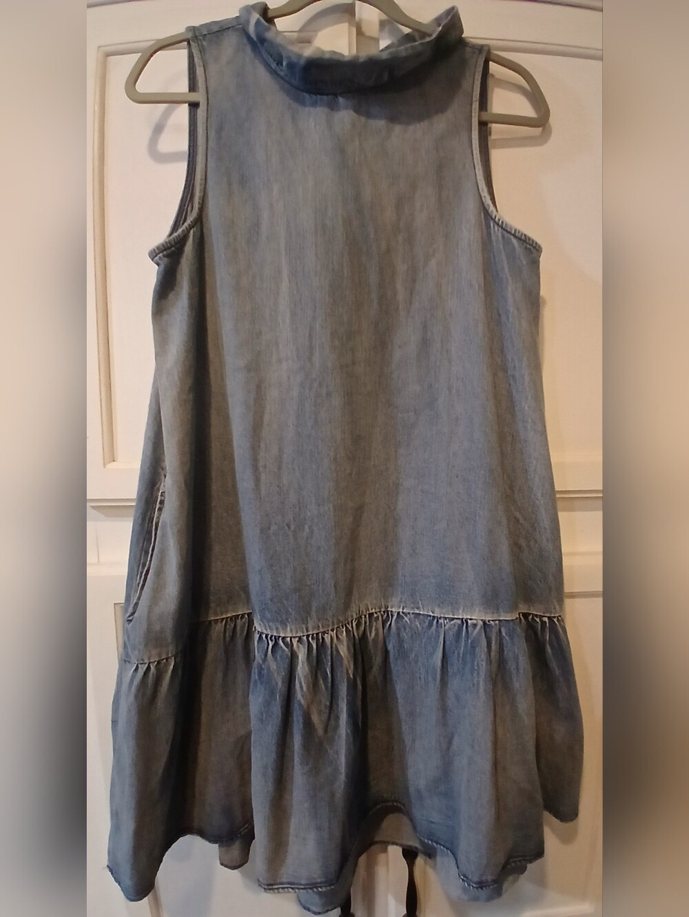 NWT - Cotton denim sleeveless dress, Mazik brand, drop-waist, ruffled hem M